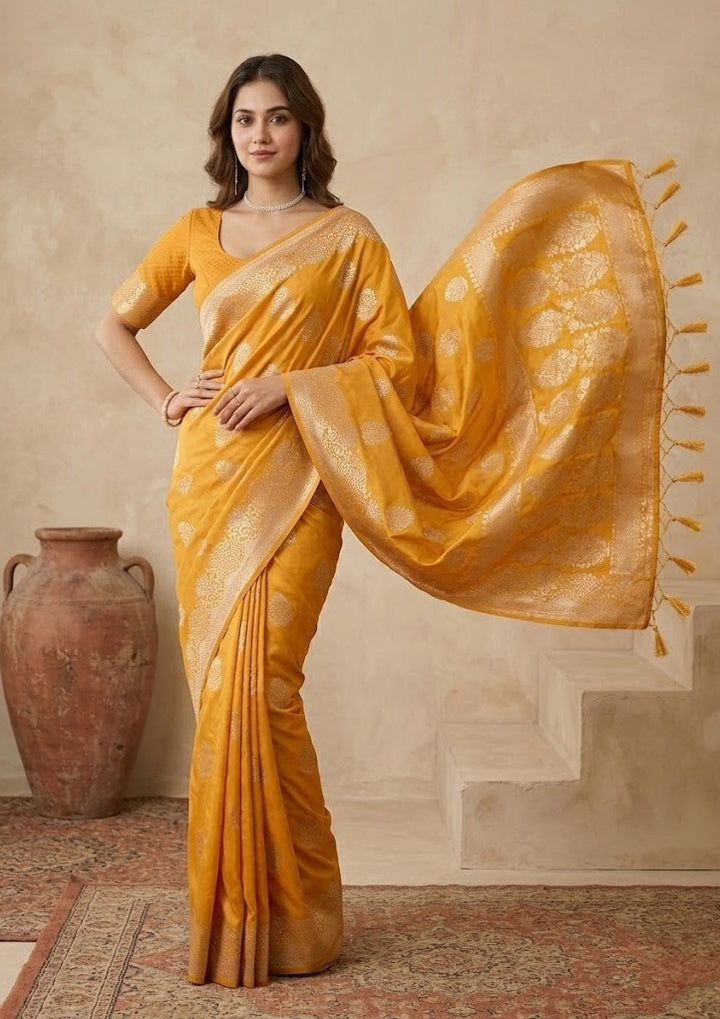 Mustard Silk Buti Gold Stonework Saree With Matching Blouse Piece