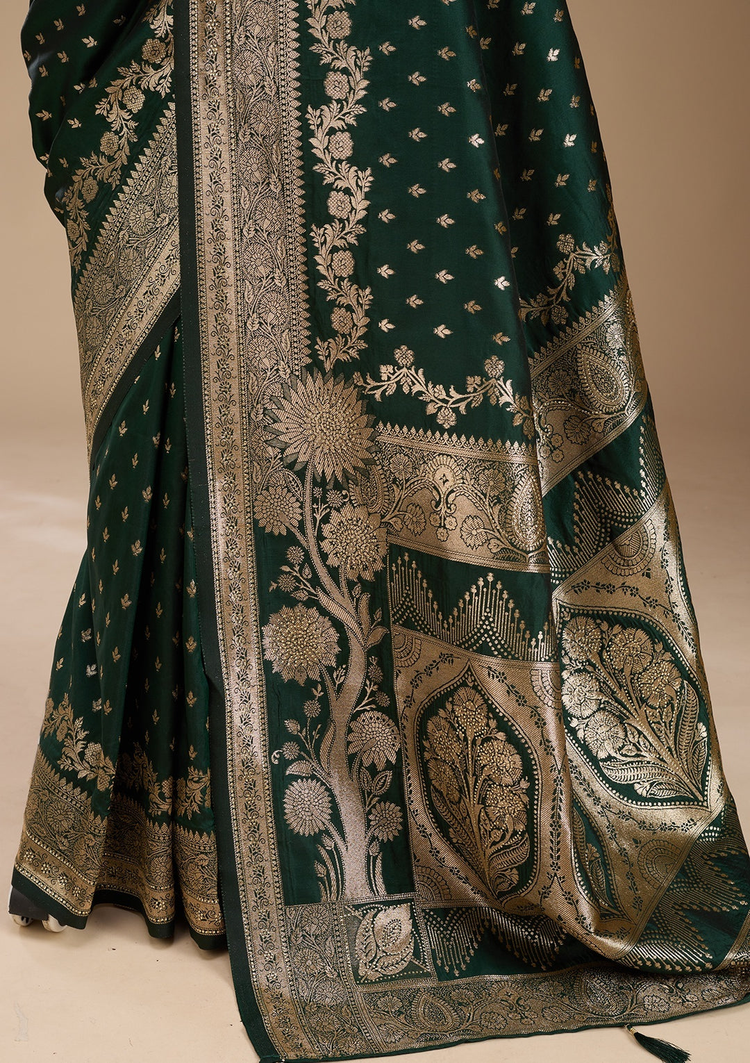 Bottle Green Silk Buti Gold Stonework Saree With Matching Blouse Piece