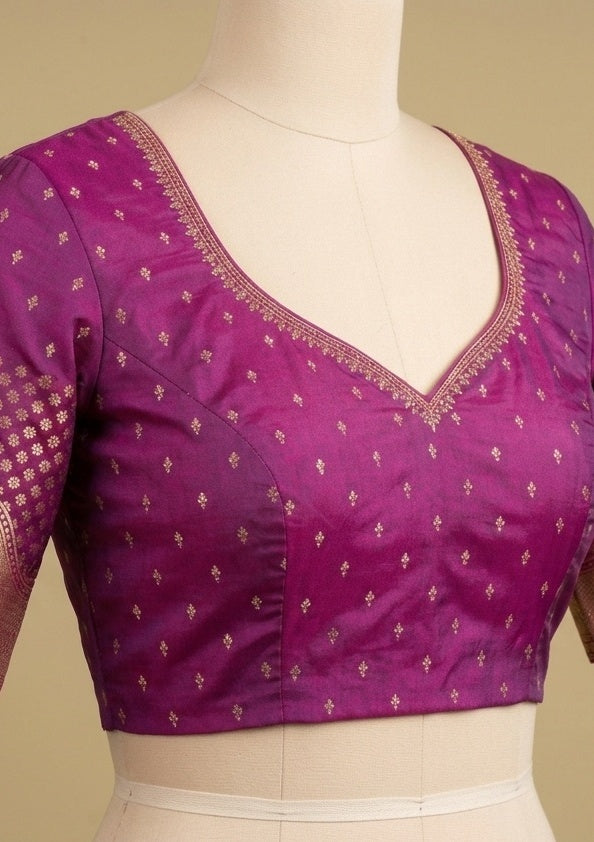 Purple Silk Buti Gold Stonework Saree With Matching Blouse Piece