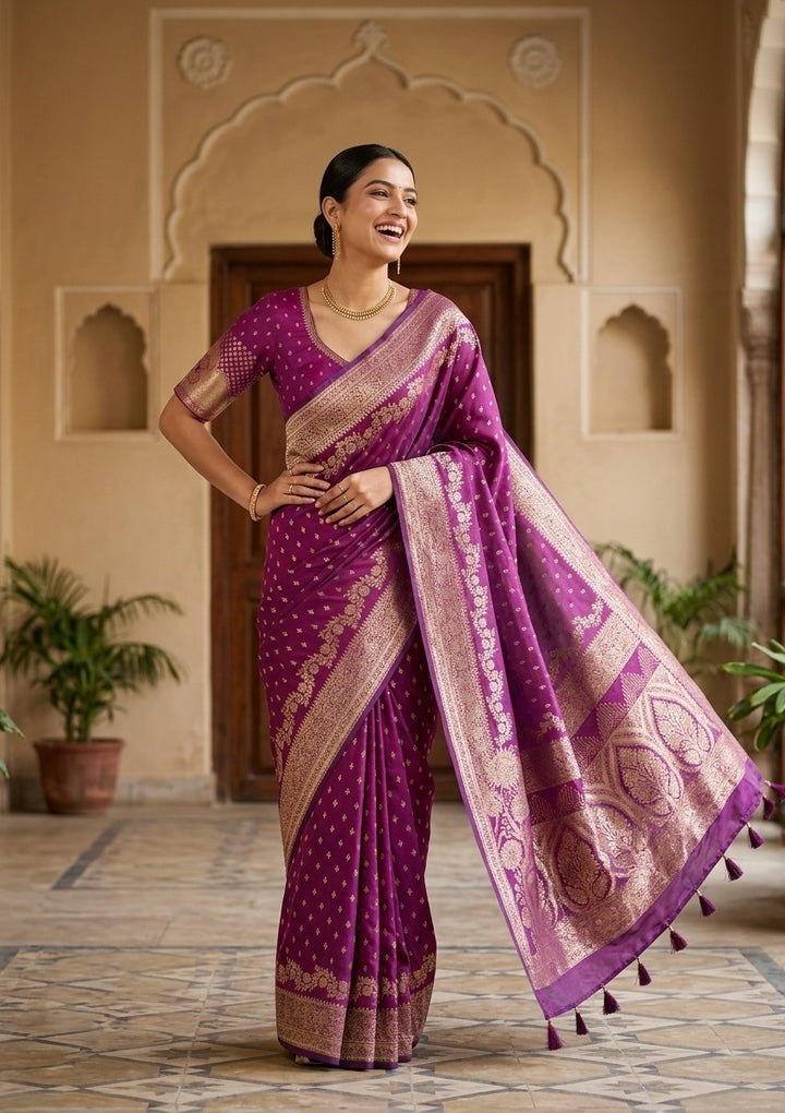 Purple Silk Buti Gold Stonework Saree With Matching Blouse Piece