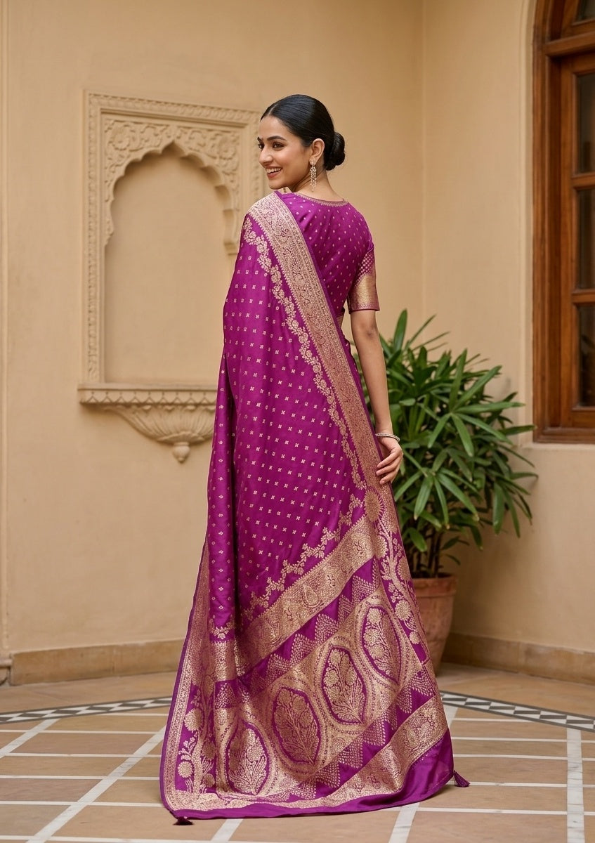 Purple Silk Buti Gold Stonework Saree With Matching Blouse Piece