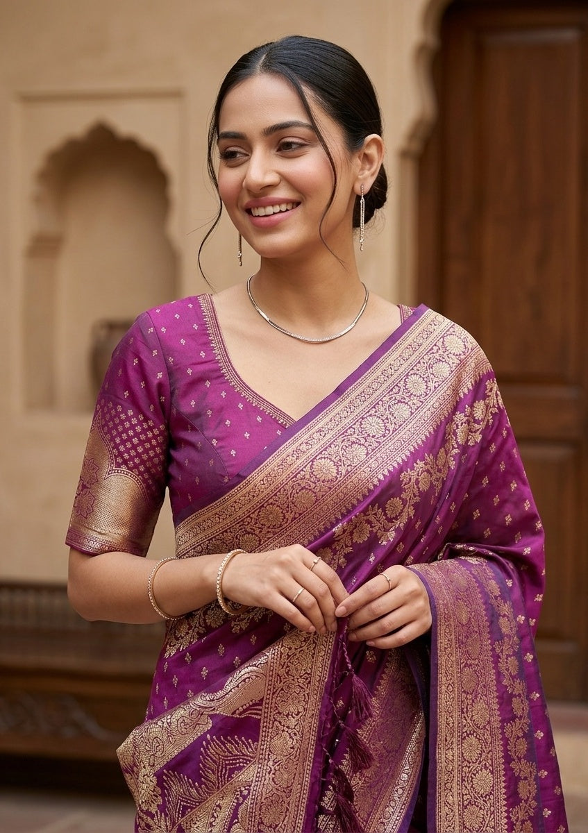 Purple Silk Buti Gold Stonework Saree With Matching Blouse Piece