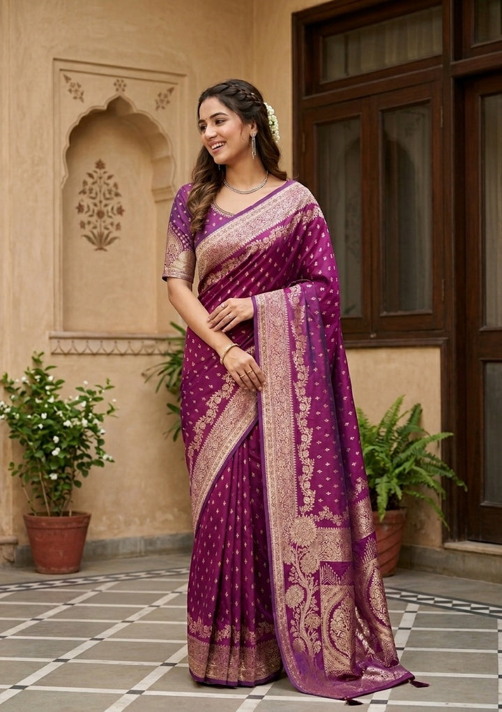 Purple Silk Buti Gold Stonework Saree With Matching Blouse Piece