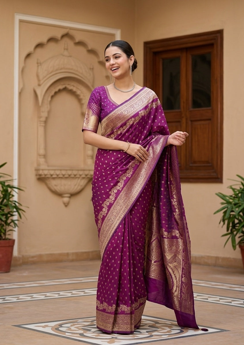Purple Silk Buti Gold Stonework Saree With Matching Blouse Piece