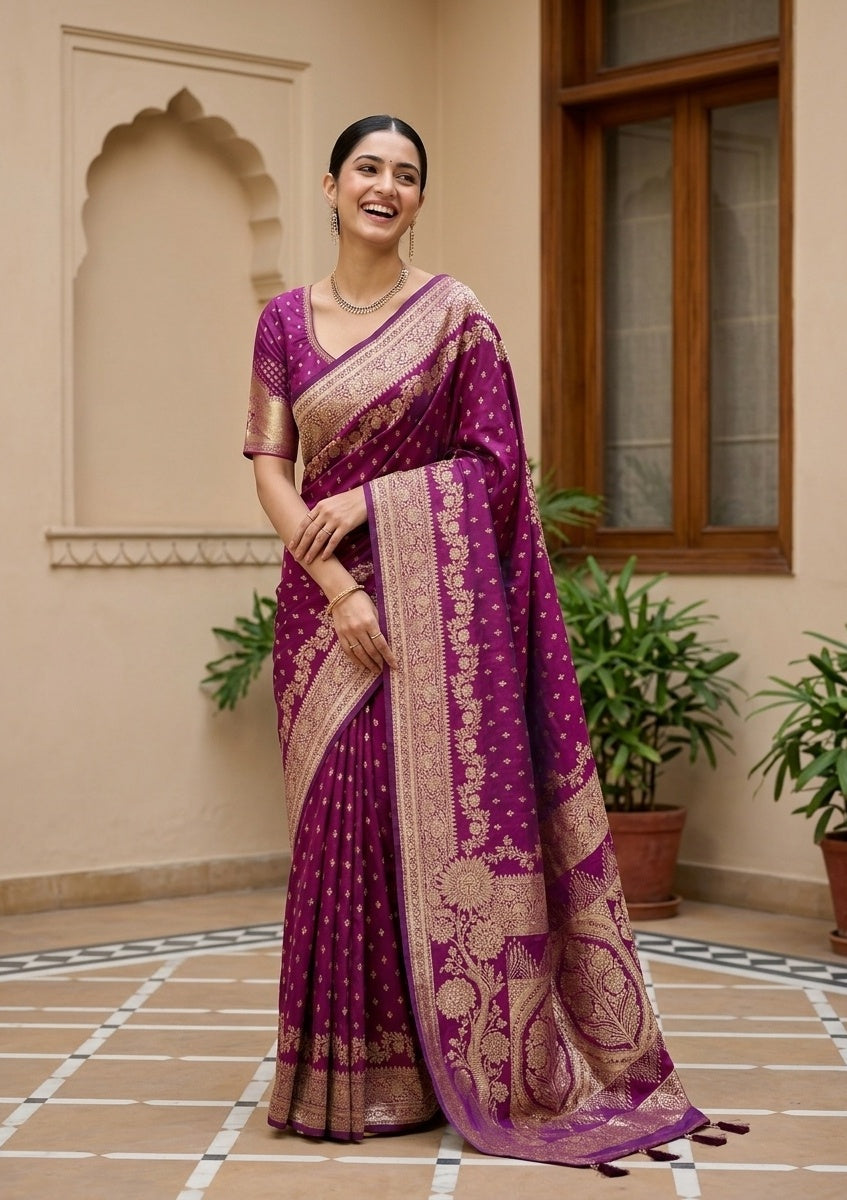 Purple Silk Buti Gold Stonework Saree With Matching Blouse Piece