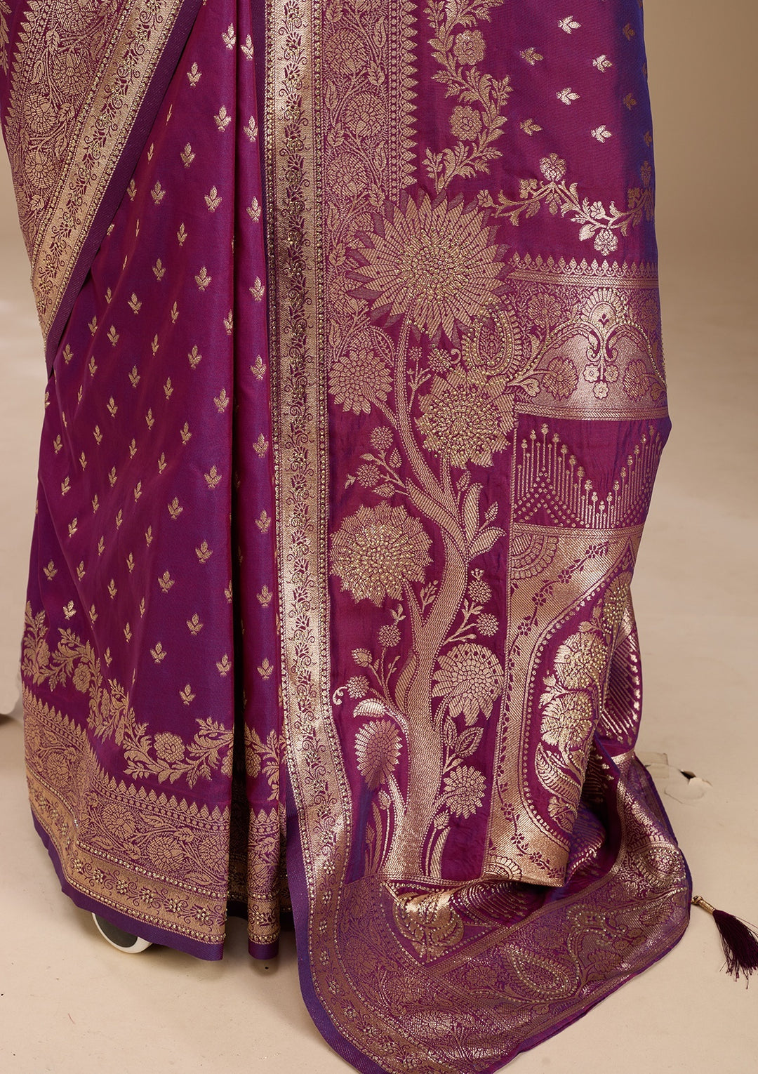 Purple Silk Buti Gold Stonework Saree With Matching Blouse Piece