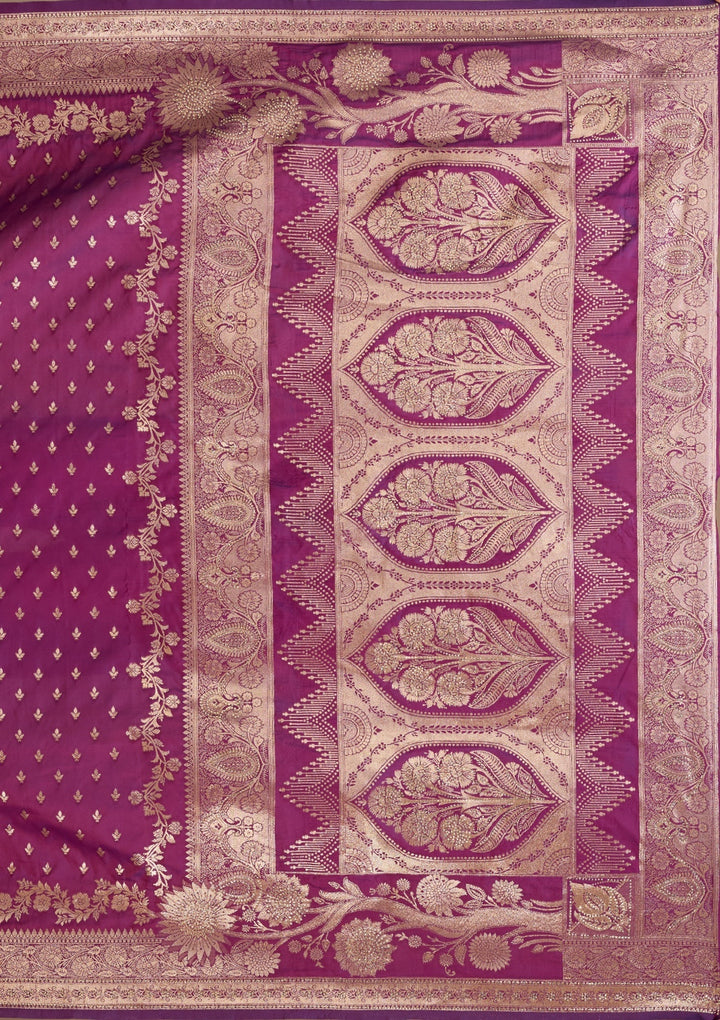 Purple Silk Buti Gold Stonework Saree With Matching Blouse Piece