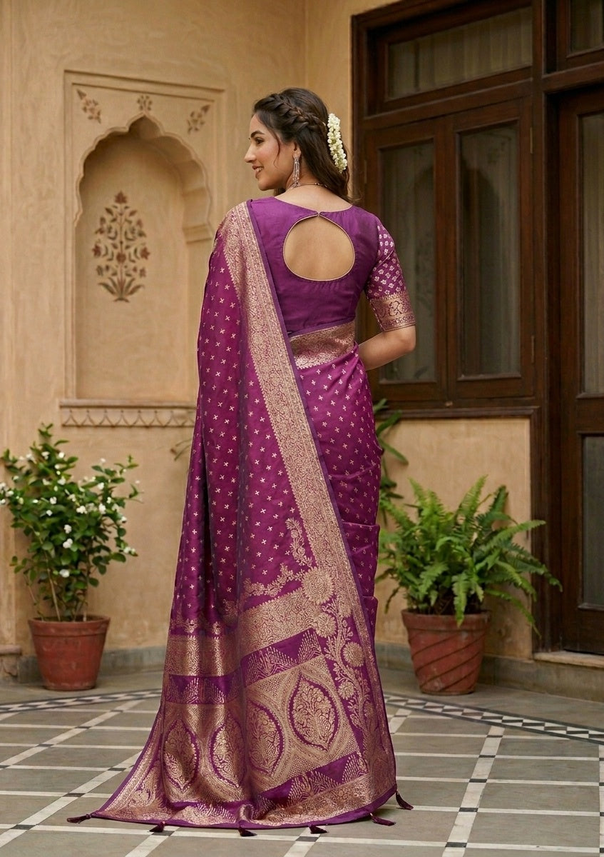 Purple Silk Buti Gold Stonework Saree With Matching Blouse Piece