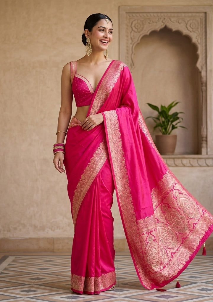 Rani Pink Silk Banarasi Gold Stonework Saree With Matching Blouse Piece