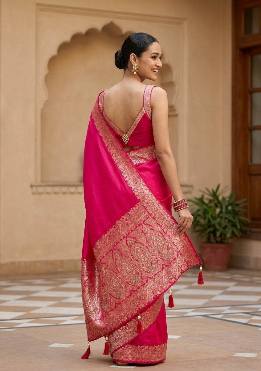 Rani Pink Silk Banarasi Gold Stonework Saree With Matching Blouse Piece
