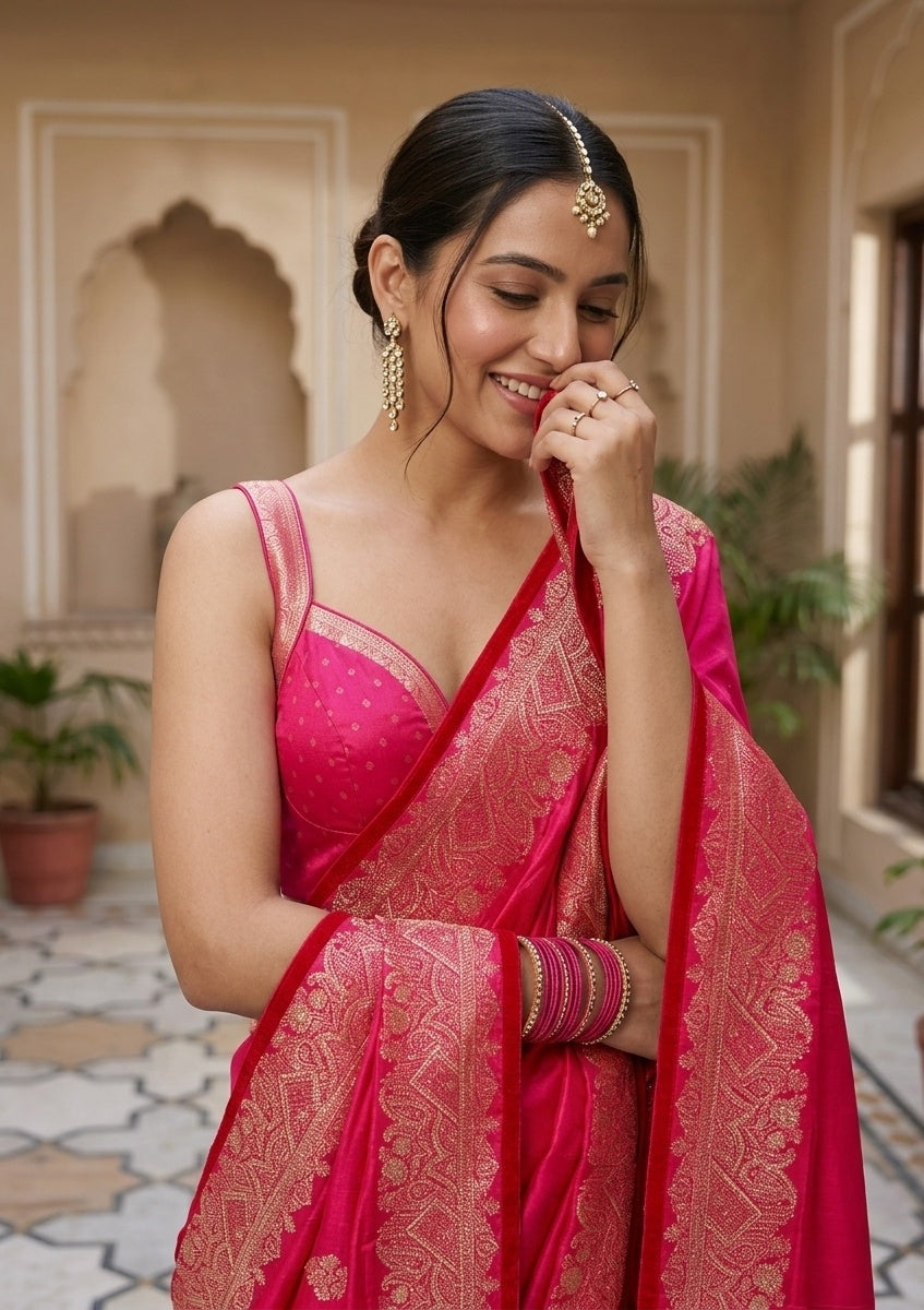 Rani Pink Silk Banarasi Gold Stonework Saree With Matching Blouse Piece