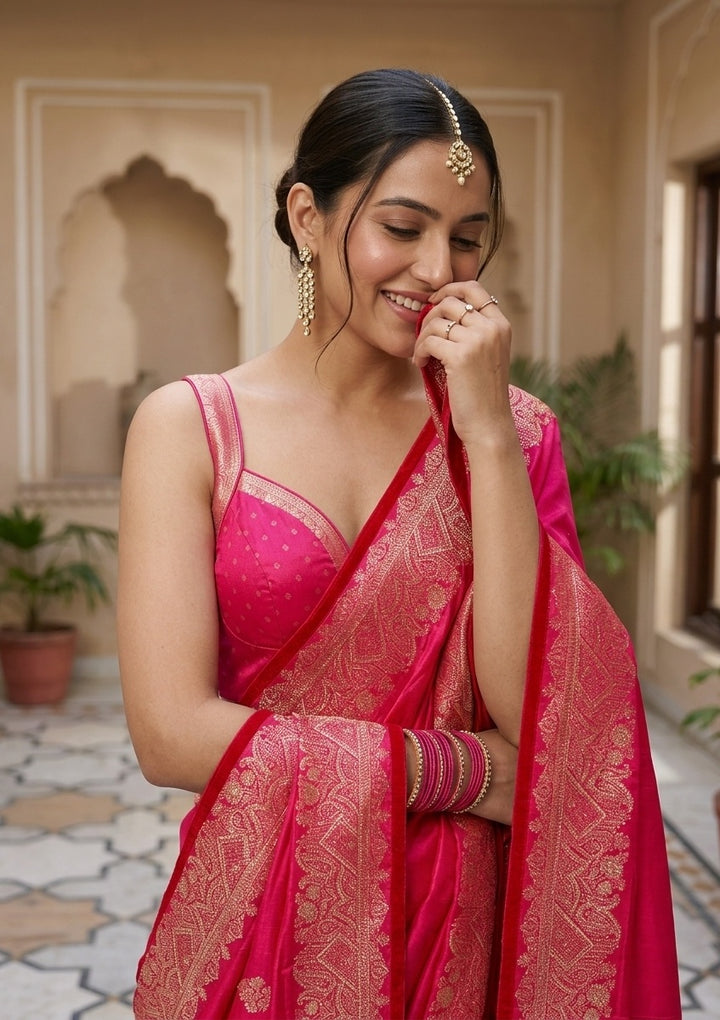 Rani Pink Silk Banarasi Gold Stonework Saree With Matching Blouse Piece