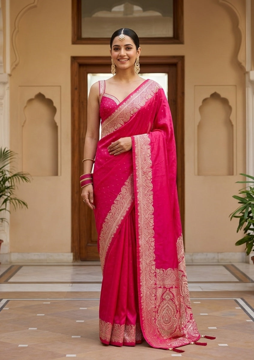 Rani Pink Silk Banarasi Gold Stonework Saree With Matching Blouse Piece