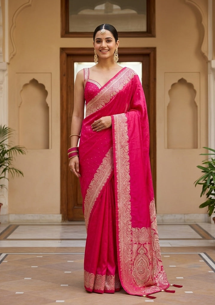 Rani Pink Silk Banarasi Gold Stonework Saree With Matching Blouse Piece