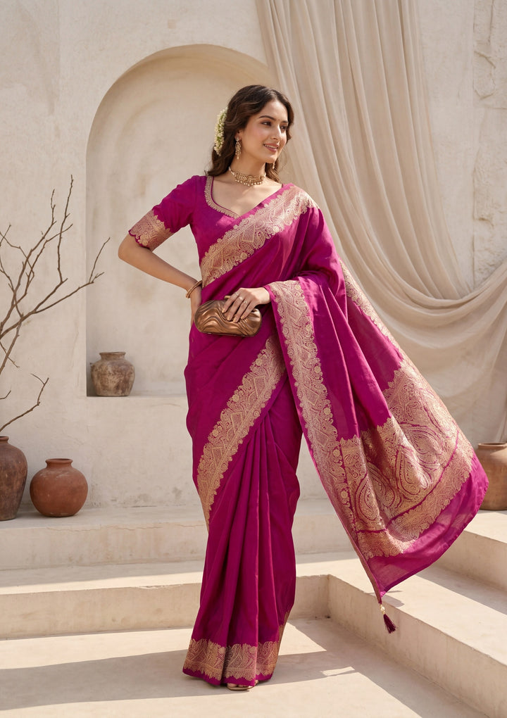 Wine Silk Banarasi Gold Stonework Saree With Matching Blouse Piece