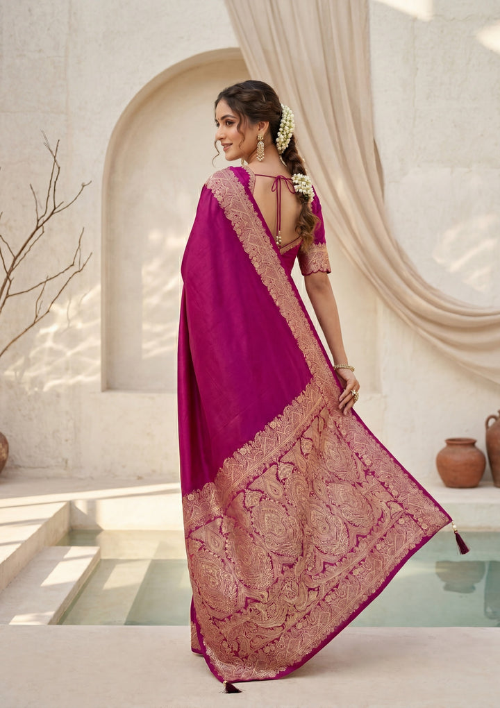 Wine Silk Banarasi Gold Stonework Saree With Matching Blouse Piece