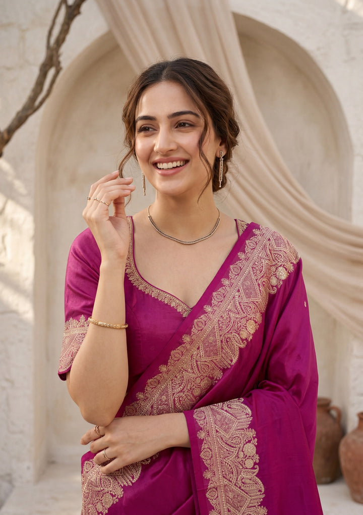 Wine Silk Banarasi Gold Stonework Saree With Matching Blouse Piece