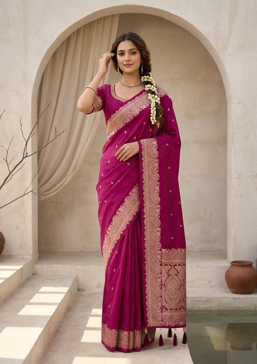 Wine Silk Banarasi Gold Stonework Saree With Matching Blouse Piece