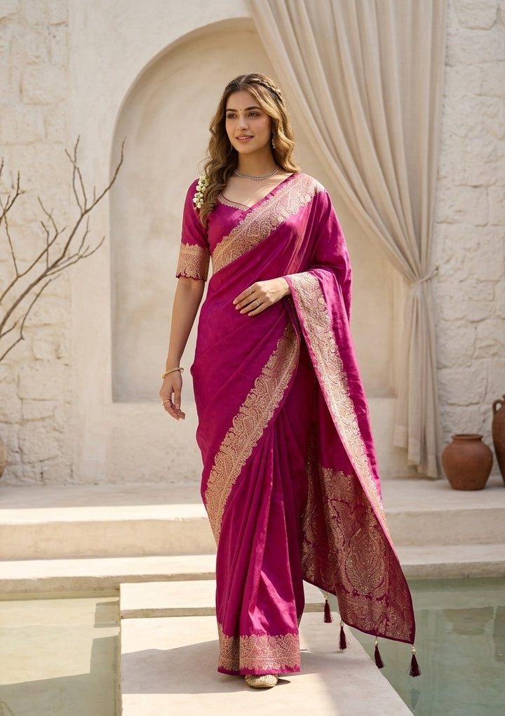 Wine Silk Banarasi Gold Stonework Saree With Matching Blouse Piece