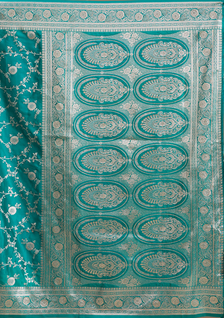 Rama Green Silk Jaal Gold Stonework Saree With Matching Blouse Piece