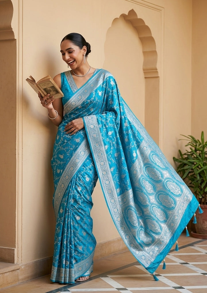 Turquoise Blue Silk Jaal Gold Stonework Saree With Matching Blouse Piece