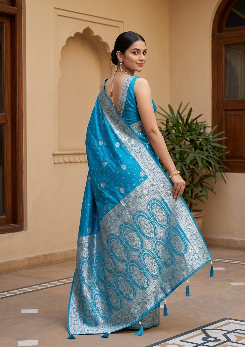 Turquoise Blue Silk Jaal Gold Stonework Saree With Matching Blouse Piece