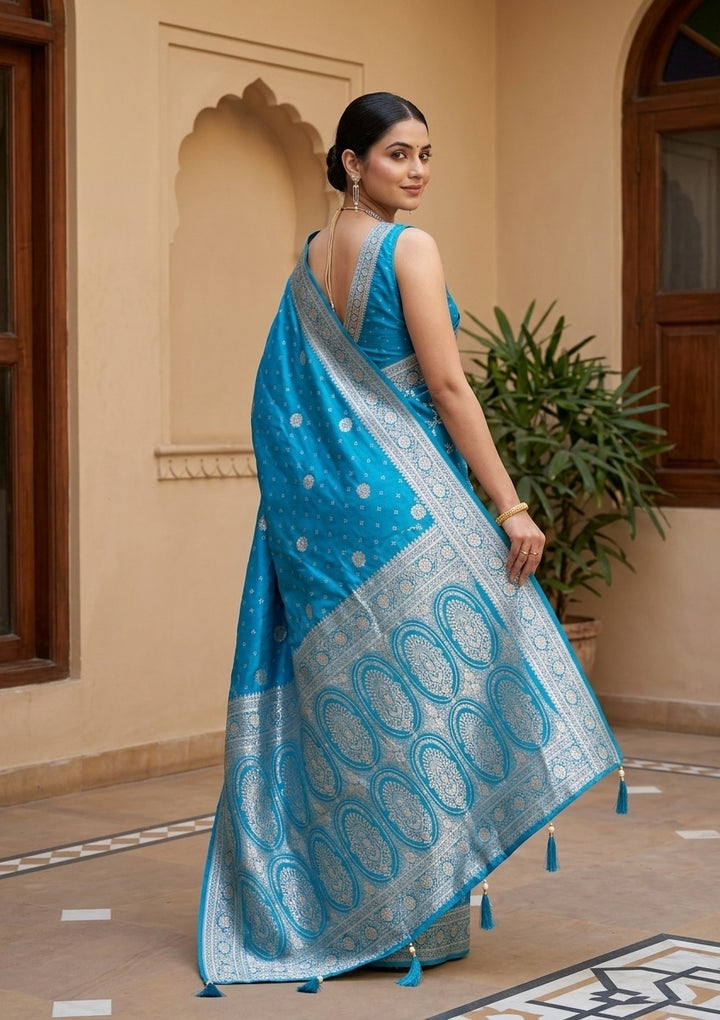 Turquoise Blue Silk Jaal Gold Stonework Saree With Matching Blouse Piece