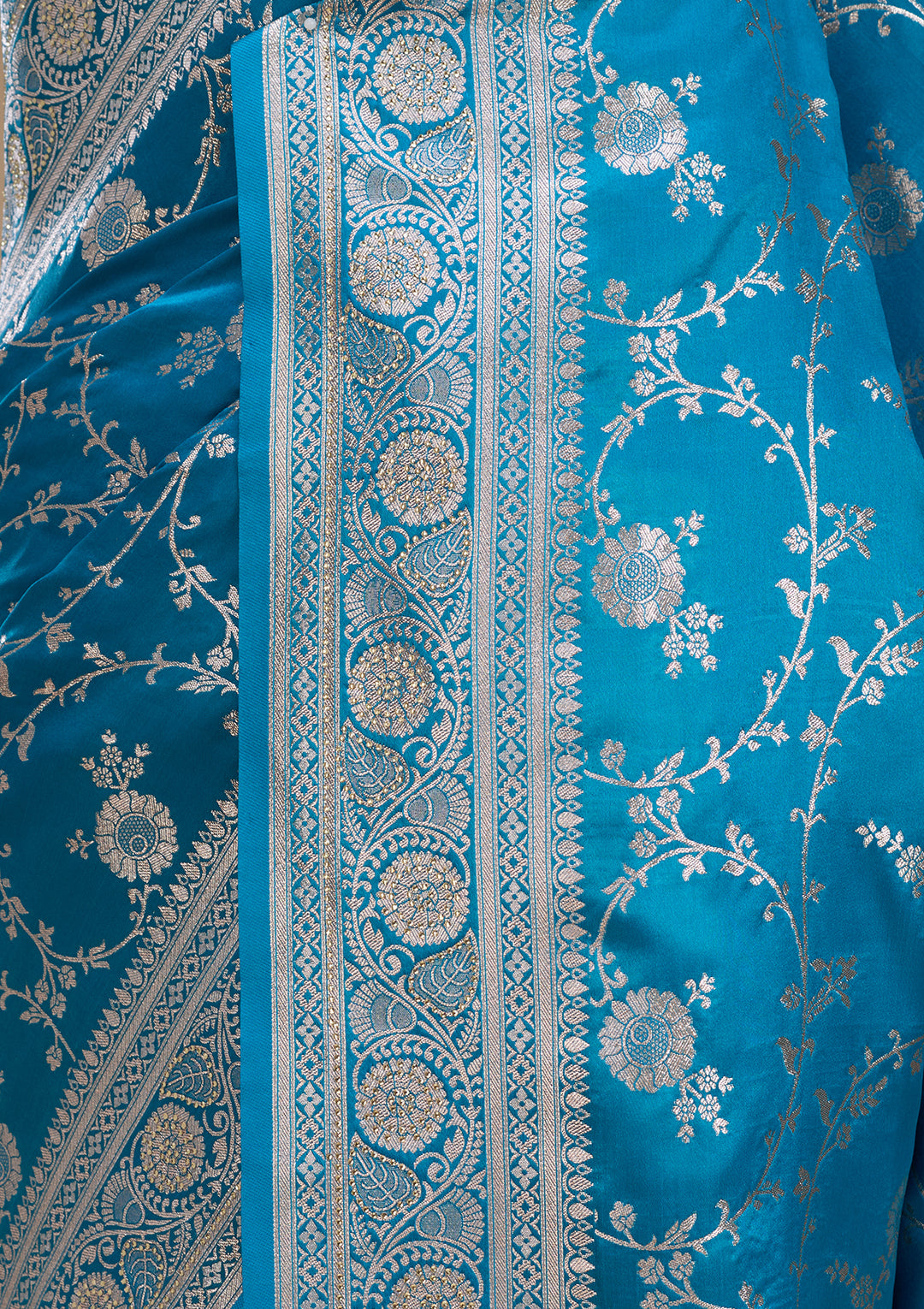 Turquoise Blue Silk Jaal Gold Stonework Saree With Matching Blouse Piece