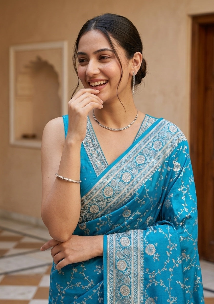 Turquoise Blue Silk Jaal Gold Stonework Saree With Matching Blouse Piece