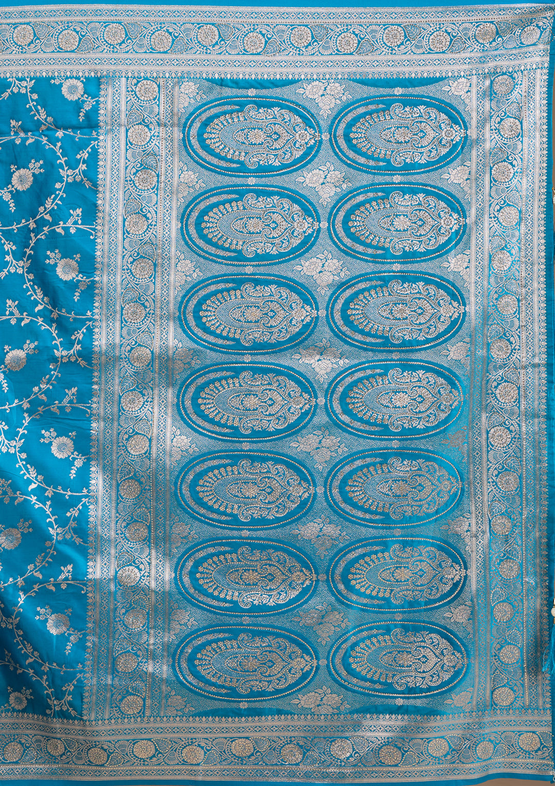 Turquoise Blue Silk Jaal Gold Stonework Saree With Matching Blouse Piece