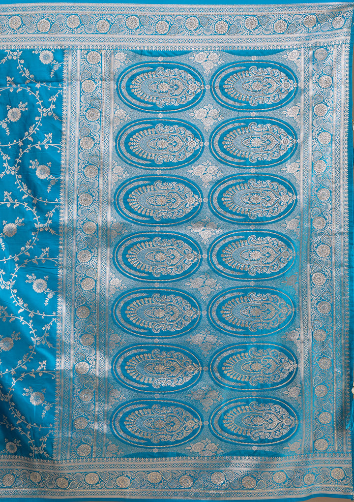 Turquoise Blue Silk Jaal Gold Stonework Saree With Matching Blouse Piece