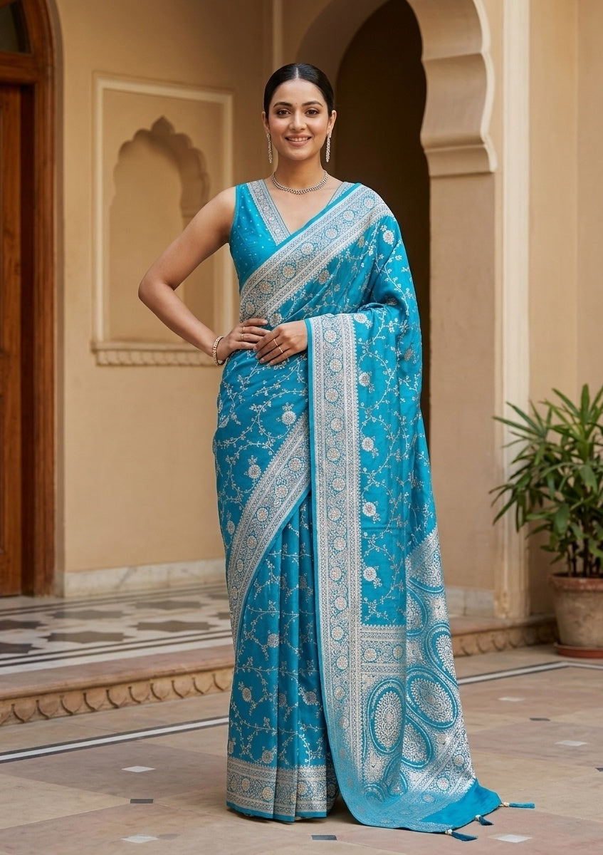 Turquoise Blue Silk Jaal Gold Stonework Saree With Matching Blouse Piece