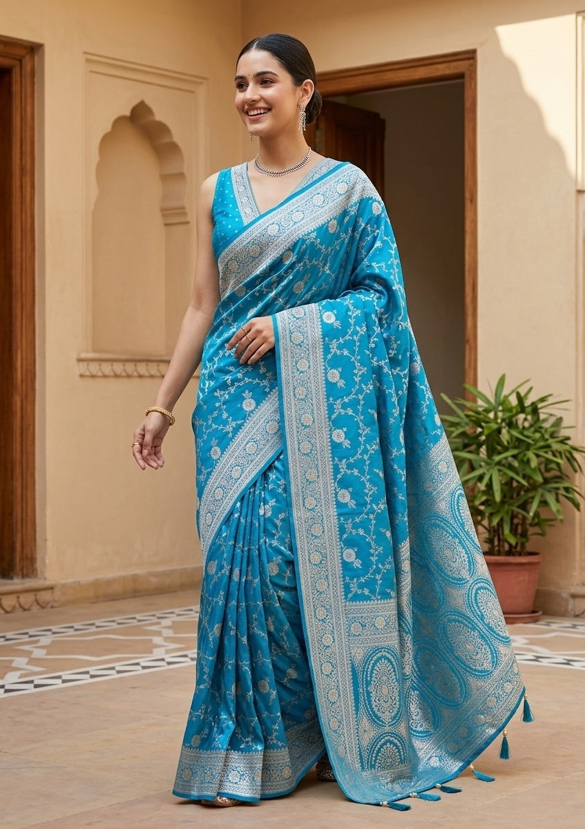 Turquoise Blue Silk Jaal Gold Stonework Saree With Matching Blouse Piece