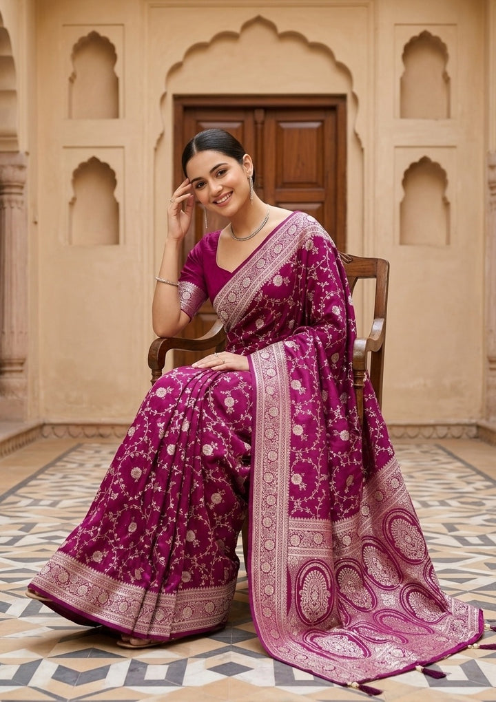 Wine Silk Jaal Gold Stonework Saree With Matching Blouse Piece