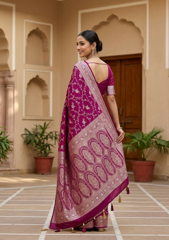 Wine Silk Jaal Gold Stonework Saree With Matching Blouse Piece