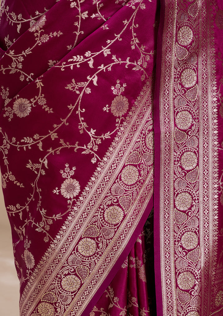 Wine Silk Jaal Gold Stonework Saree With Matching Blouse Piece