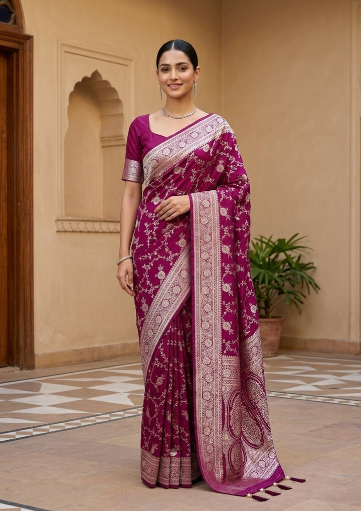 Wine Silk Jaal Gold Stonework Saree With Matching Blouse Piece