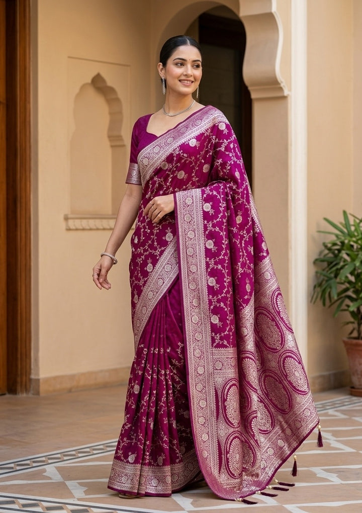 Wine Silk Jaal Gold Stonework Saree With Matching Blouse Piece