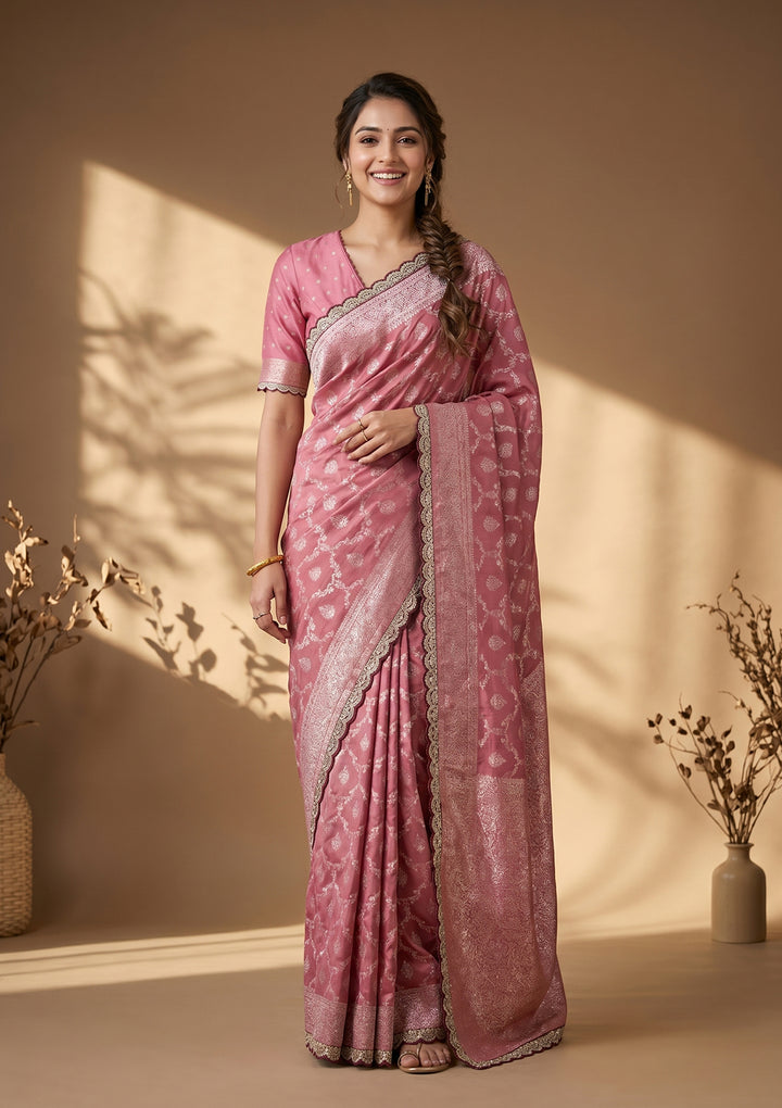 Onion Pink Stonework (Gold) Art Silk Saree