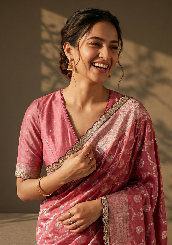 Onion Pink Stonework (Gold) Art Silk Saree
