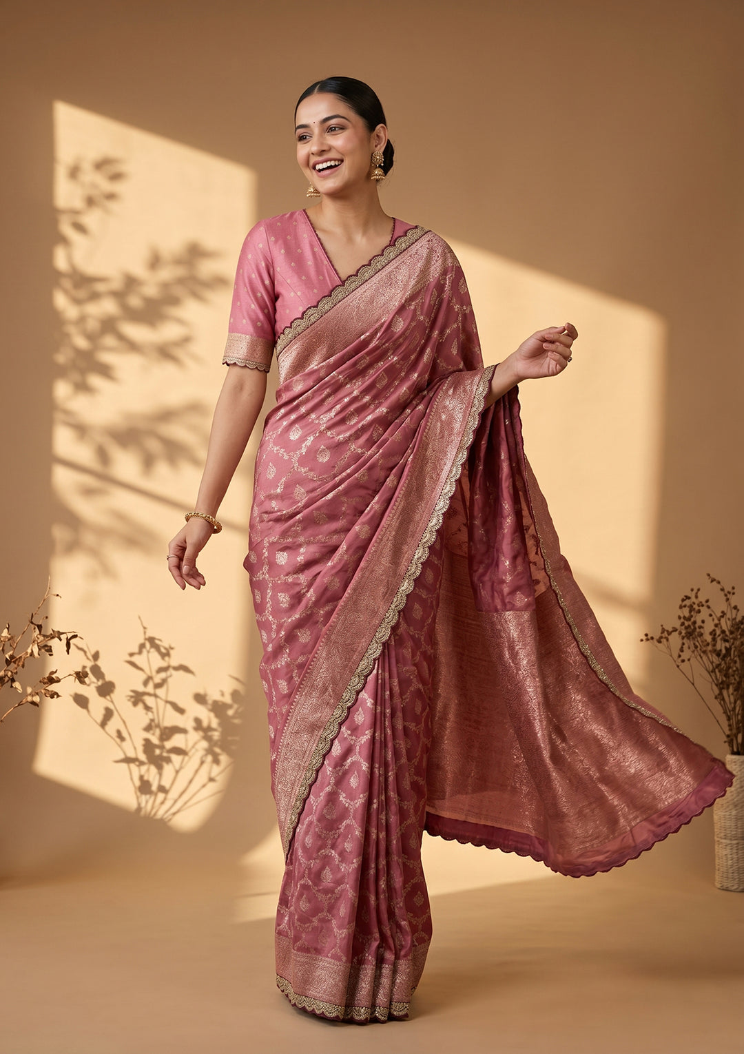Onion Pink Stonework (Gold) Art Silk Saree