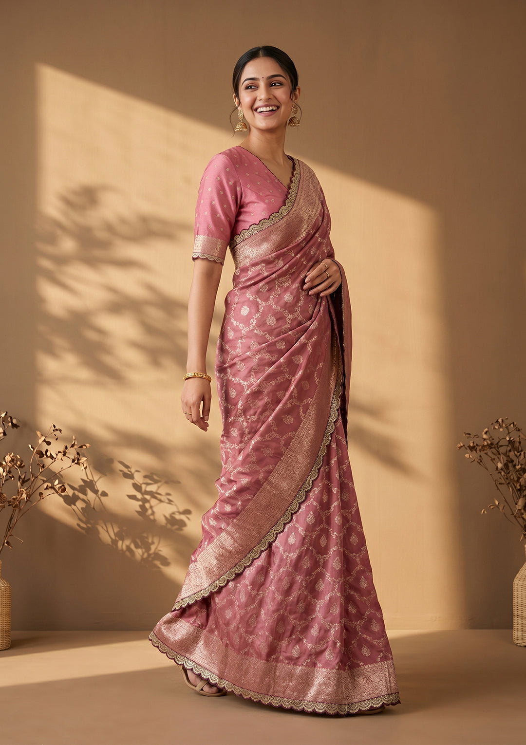 Onion Pink Stonework (Gold) Art Silk Saree