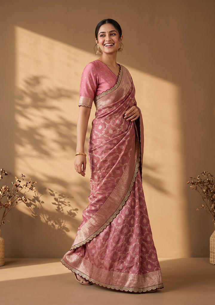 Onion Pink Stonework (Gold) Art Silk Saree
