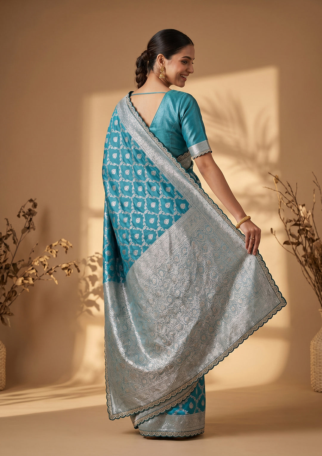 Peacock Blue Stonework (Gold) Art Silk Saree