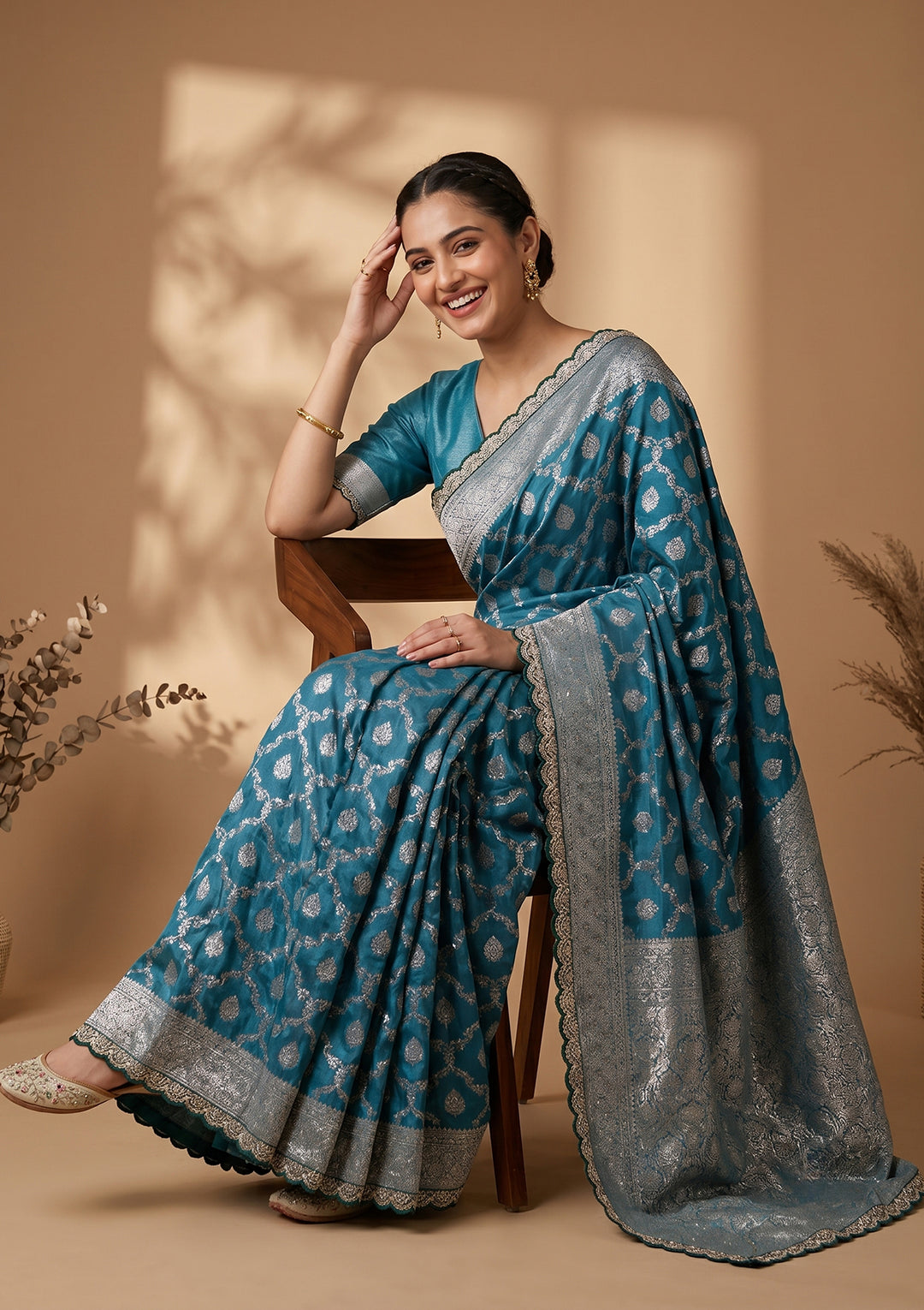 Peacock Blue Stonework (Gold) Art Silk Saree