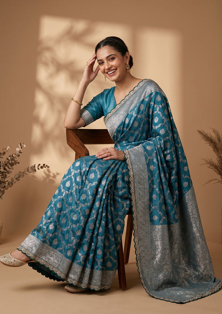 Peacock Blue Stonework (Gold) Art Silk Saree
