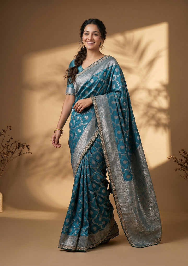 Peacock Blue Stonework (Gold) Art Silk Saree