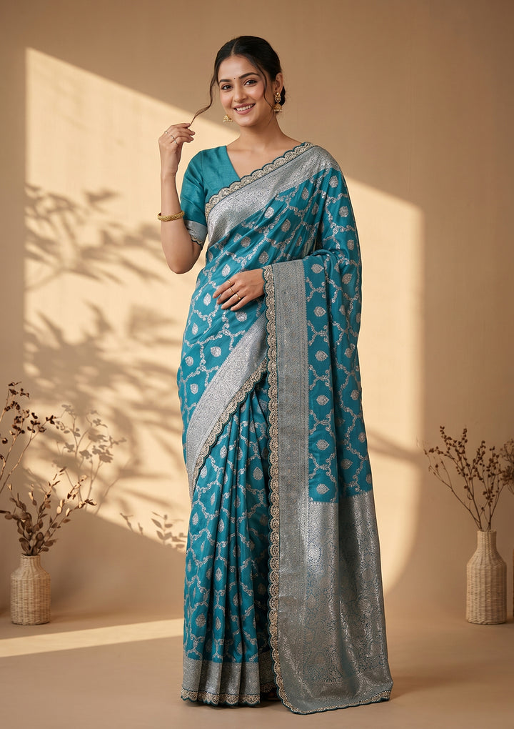 Peacock Blue Stonework (Gold) Art Silk Saree