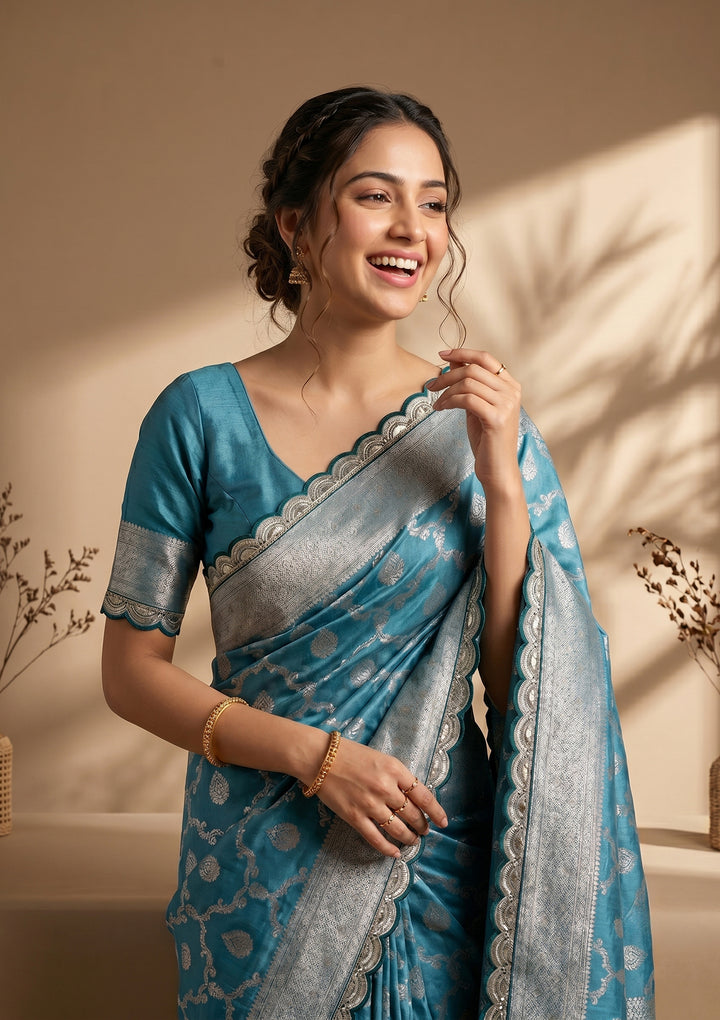 Peacock Blue Stonework (Gold) Art Silk Saree