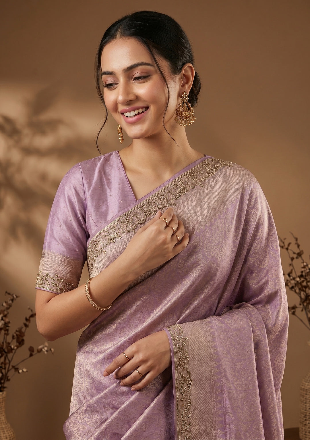 Lavender Stonework (Gold) Art Silk Saree